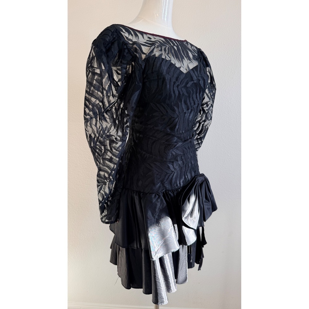 Contempo Casuals Vintage 80s Black Lace Taffeta Bow Dress Sz S Goth Whimsigoth - Picture 11 of 14